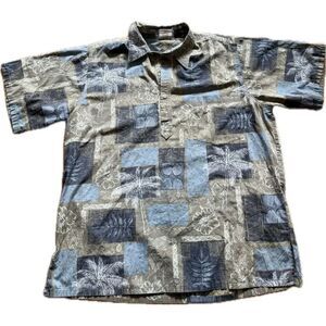 Go Barefoot Hawaiian Shirt Men’s L Palm Tree Hibiscus Flower Blue Grey